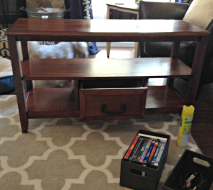 Simple TV stand from Pier 1. Also, it was cold when I did this, so I did it in the living room and of course, the dogs were curious!